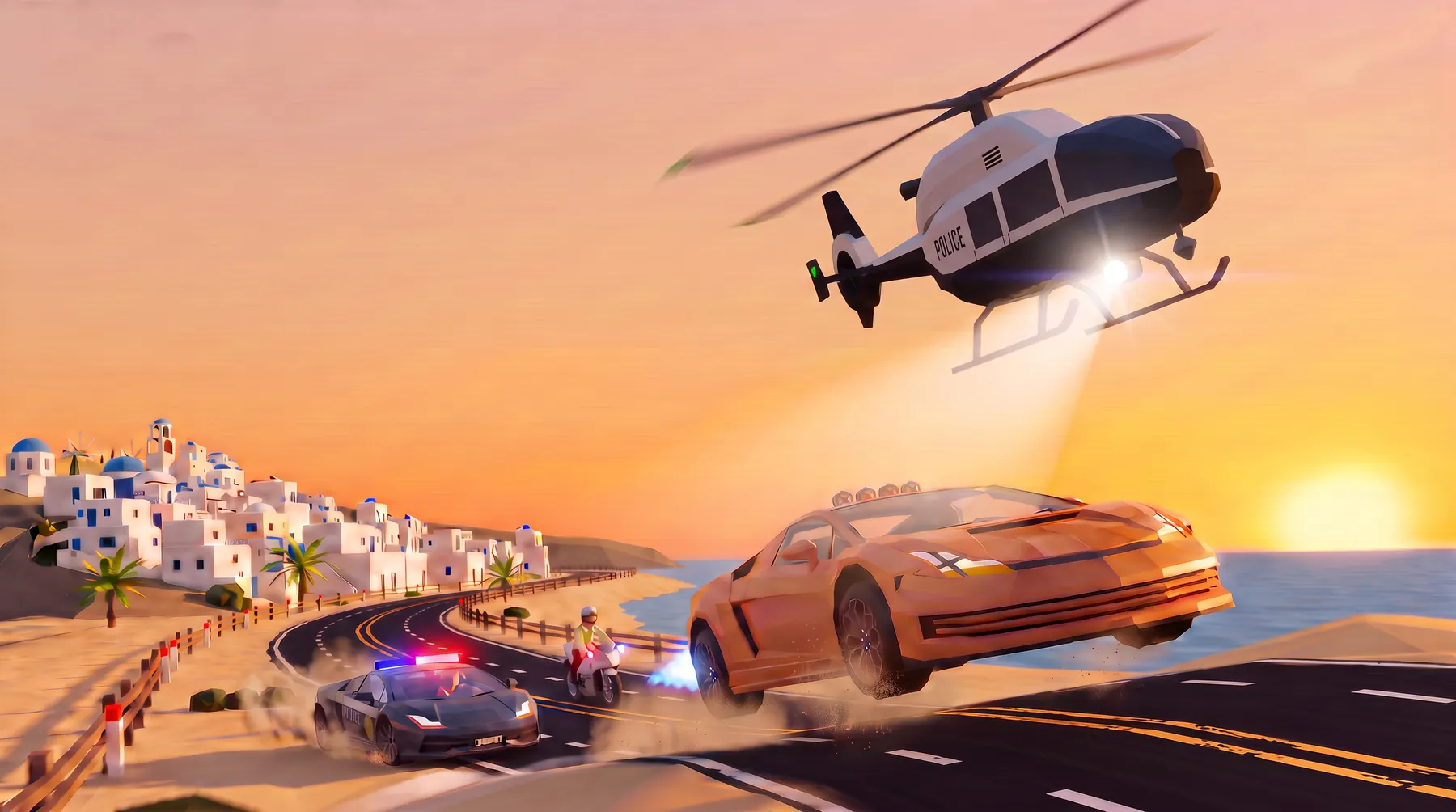 Heatfield cover art: an orange sports car jumps off a coastal road at sunset, chased by a police car, a police motorbike and a police helicopter with its searchlight on.