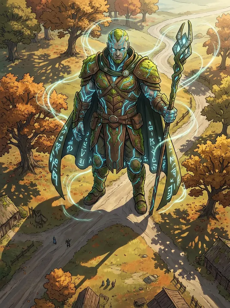 Full card art from Omniforgers: Bram Ley-Strider, a cloaked warrior with a glowing staff on an autumn road.