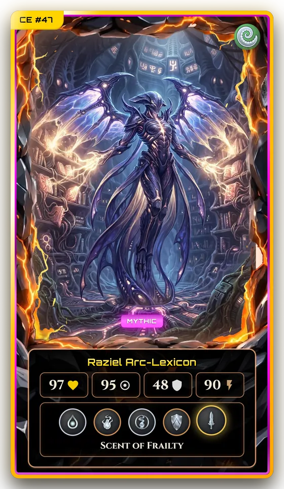 A whole Omniforgers card, Raziel Arc-Lexicon: Mythic, Creator Edition #47, with its art, stats and passives.