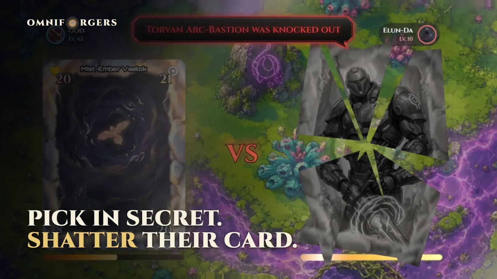An Omniforgers duel: two cards face off across a forest map and the rival’s card shatters. Caption: Pick in secret. Shatter their card.